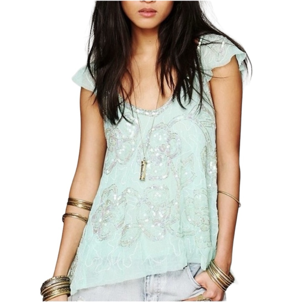 Free People Sea Foam Beaded Sequin Top